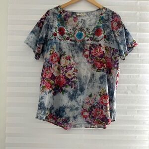 Vintage Goa Womens XL Embroidered Floral Cotton Blouse Blue Tie Dye Boho Top